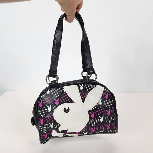 Vtg 90s Playboy BLACK Vinyl Purse Small Bowler Y2K Big White Bunny Logo RARE - Picture 13 of 16